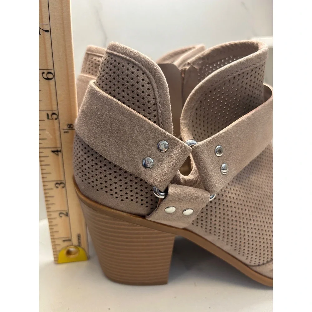 Fergalicious Augustine Taupe Perforated Peep Toe Ankle Boots Tan 8.5M Studded